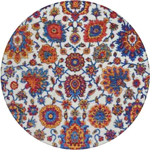Photo of 8' Red Navy Blue And Ivory Round Floral Medallion Washable Indoor Outdoor Area Rug