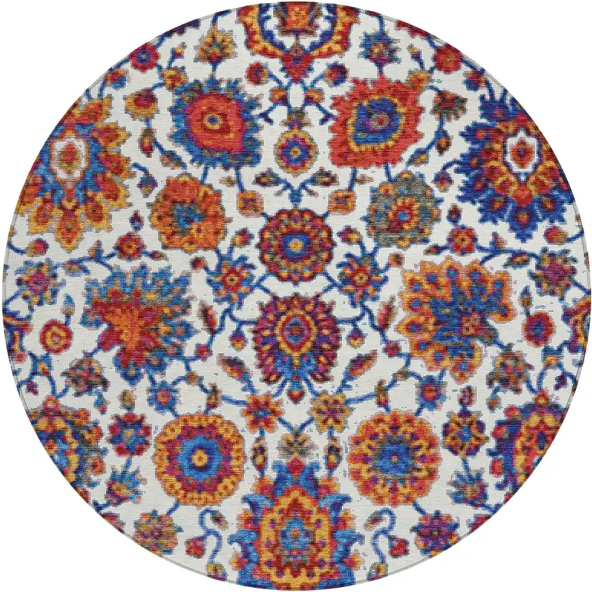 8' Red Navy Blue And Ivory Round Floral Medallion Washable Indoor Outdoor Area Rug Photo 1