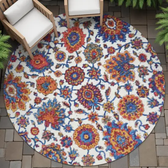 8' Red Navy Blue And Ivory Round Floral Medallion Washable Indoor Outdoor Area Rug Photo 8
