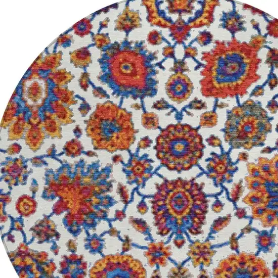 8' Red Navy Blue And Ivory Round Floral Medallion Washable Indoor Outdoor Area Rug Photo 5