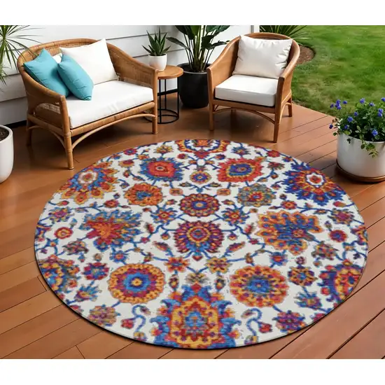8' Red Navy Blue And Ivory Round Floral Medallion Washable Indoor Outdoor Area Rug Photo 2