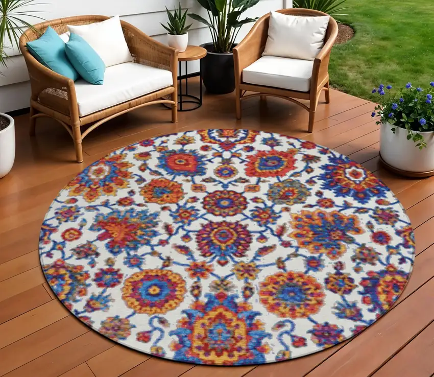 8' Red Navy Blue And Ivory Round Floral Medallion Washable Indoor Outdoor Area Rug Photo 2
