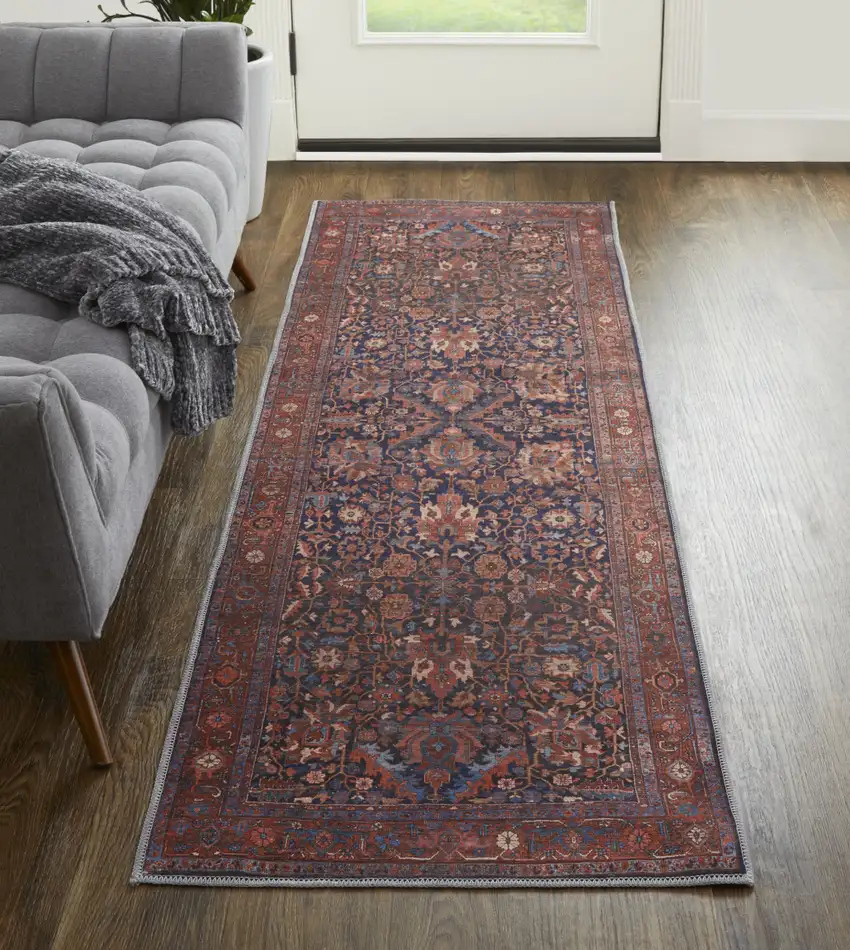8' Red Orange And Blue Floral Power Loom Runner Rug Photo 5