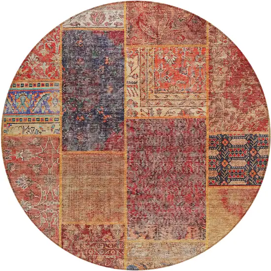 8' Red Orange And Blue Round Patchwork Washable Indoor Outdoor Area Rug Photo 2