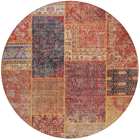 8' Red Orange And Blue Round Patchwork Washable Indoor Outdoor Area Rug Photo 2
