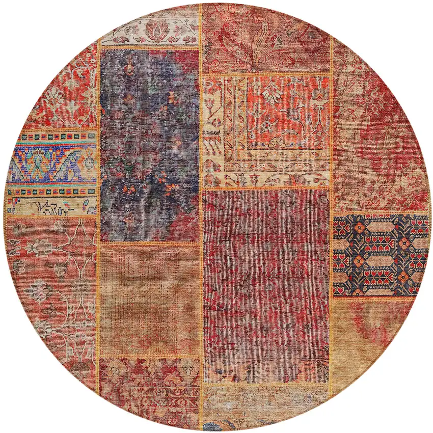 8' Red Orange And Blue Round Patchwork Washable Indoor Outdoor Area Rug Photo 2