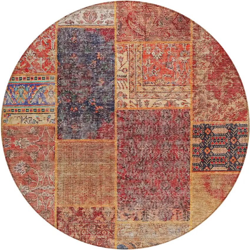 8' Red Orange And Blue Round Patchwork Washable Indoor Outdoor Area Rug Photo 2