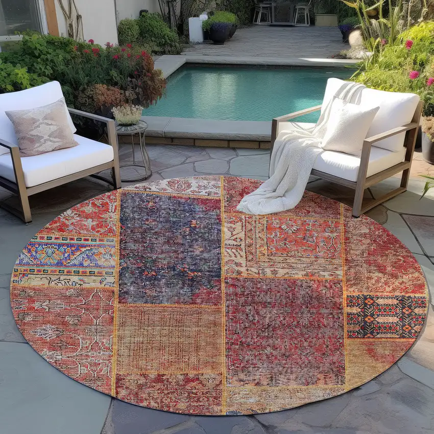 8' Red Orange And Blue Round Patchwork Washable Indoor Outdoor Area Rug Photo 7