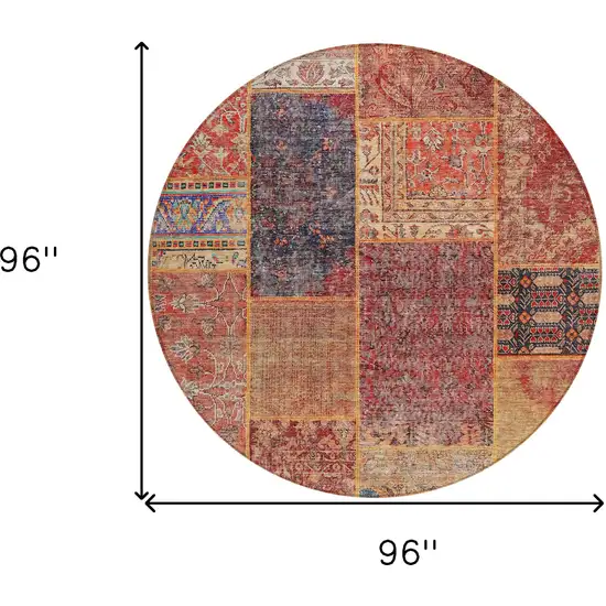 8' Red Orange And Blue Round Patchwork Washable Indoor Outdoor Area Rug Photo 3
