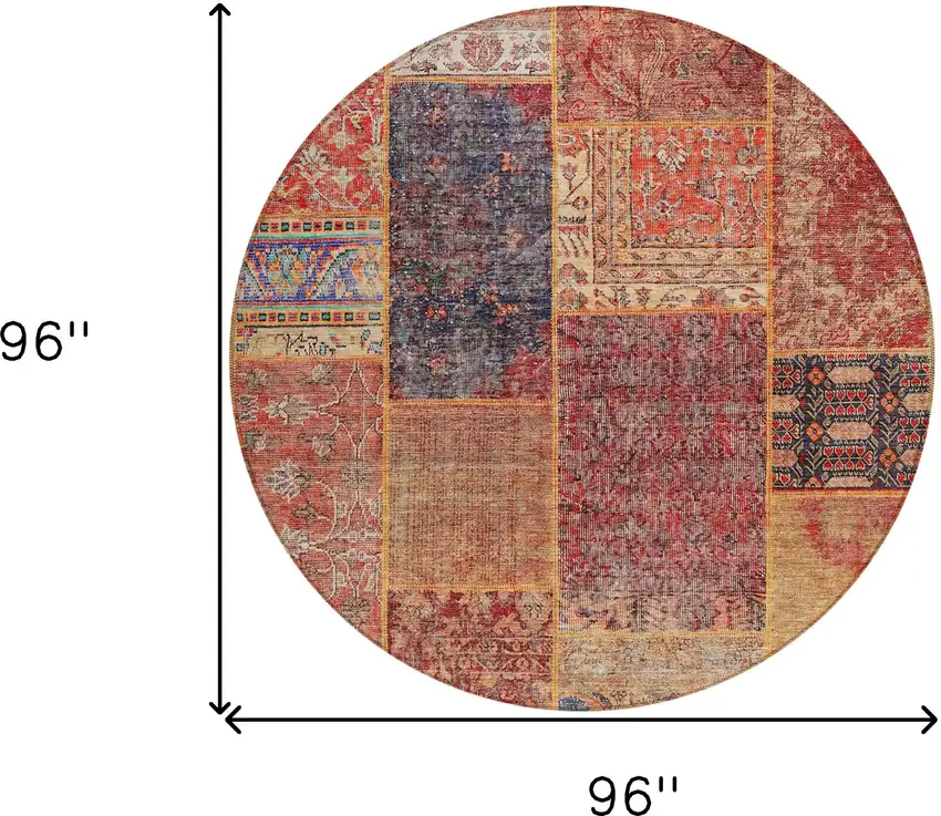 8' Red Orange And Blue Round Patchwork Washable Indoor Outdoor Area Rug Photo 3
