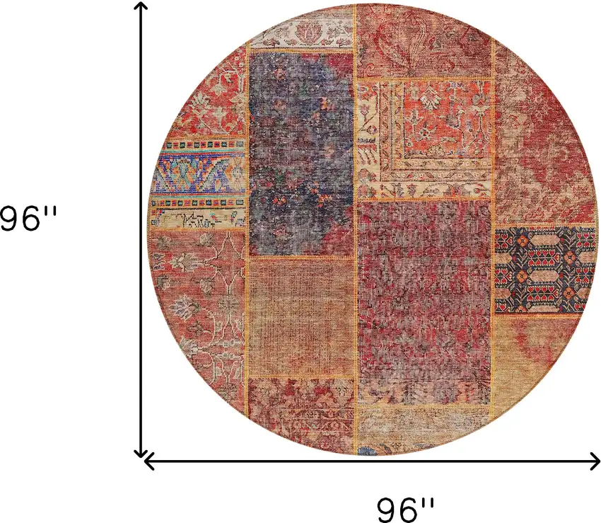 8' Red Orange And Blue Round Patchwork Washable Indoor Outdoor Area Rug Photo 3