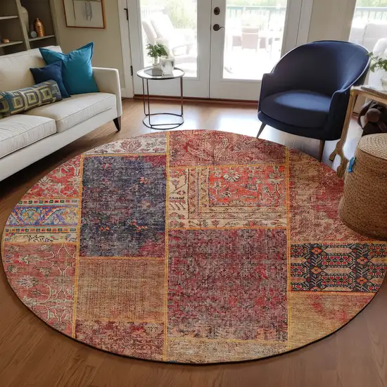 8' Red Orange And Blue Round Patchwork Washable Indoor Outdoor Area Rug Photo 8