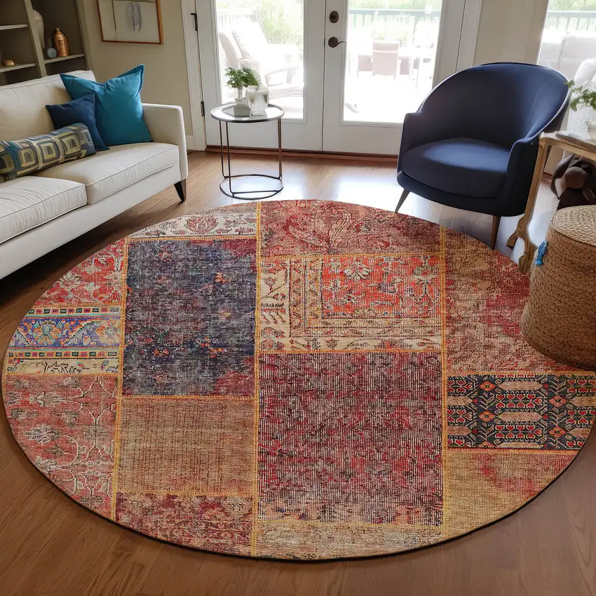8' Red Orange And Blue Round Patchwork Washable Indoor Outdoor Area Rug Photo 8
