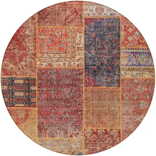 8' Red Orange And Blue Round Patchwork Washable Indoor Outdoor Area Rug Photo 6
