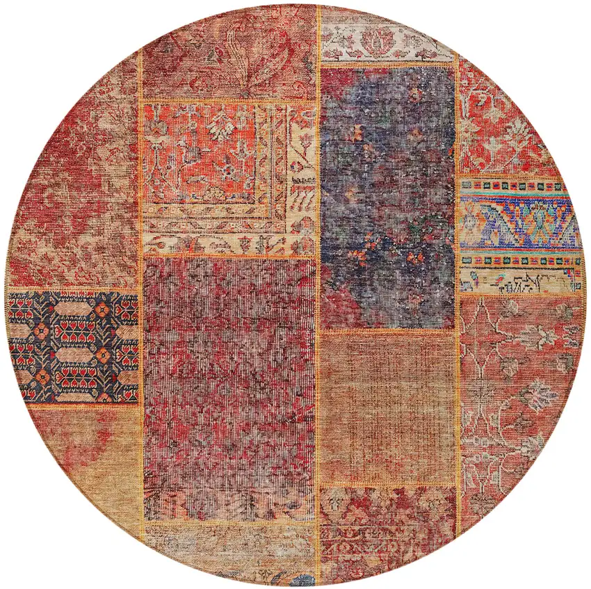 8' Red Orange And Blue Round Patchwork Washable Indoor Outdoor Area Rug Photo 6