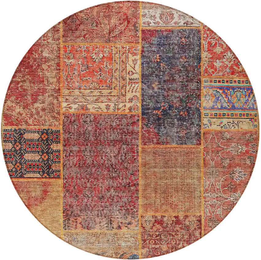 8' Red Orange And Blue Round Patchwork Washable Indoor Outdoor Area Rug Photo 6