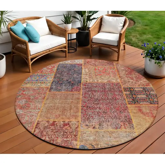 8' Red Orange And Blue Round Patchwork Washable Indoor Outdoor Area Rug Photo 1