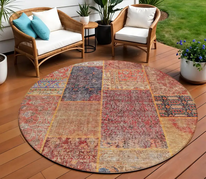 8' Red Orange And Blue Round Patchwork Washable Indoor Outdoor Area Rug Photo 1