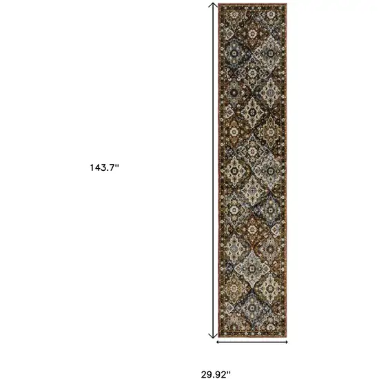 12' Red Orange And Ivory Medallion Runner Rug Photo 3
