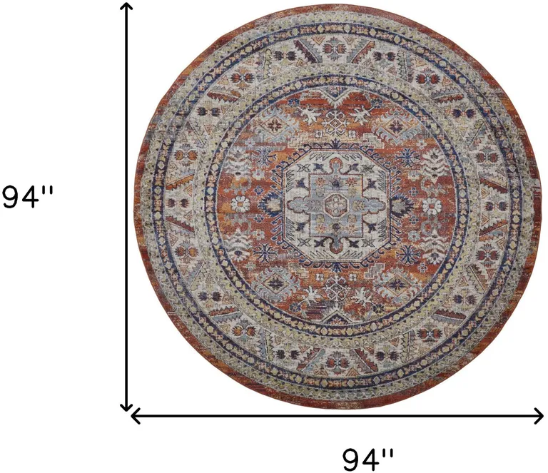 8' Red Orange And Ivory Round Floral Stain Resistant Area Rug Photo 3