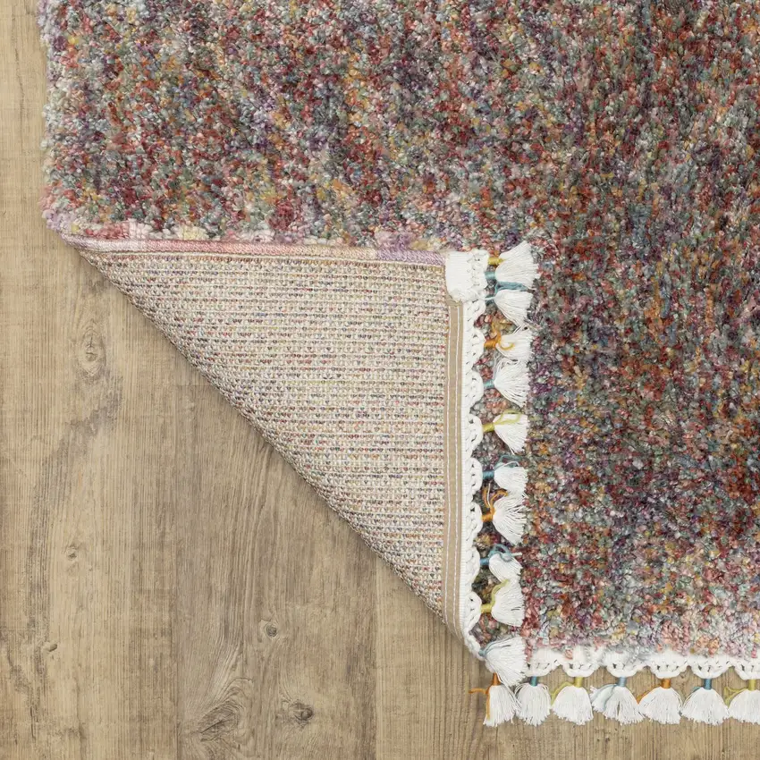 8' Red Orange And Yellow Abstract Shag Runner Rug With Fringe Photo 9