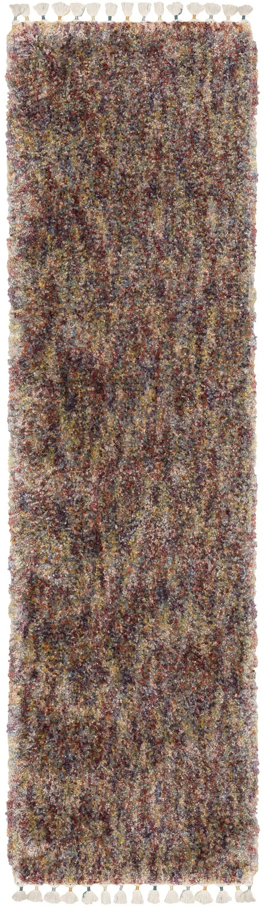 8' Red Orange And Yellow Abstract Shag Runner Rug With Fringe Photo 2