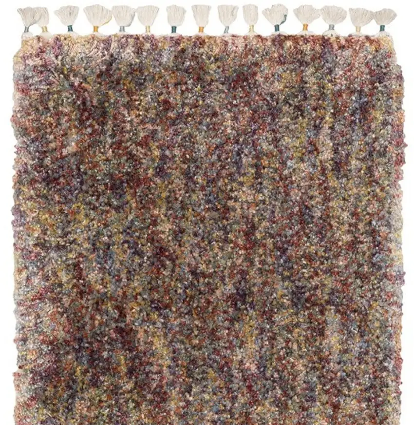 8' Red Orange And Yellow Abstract Shag Runner Rug With Fringe Photo 7