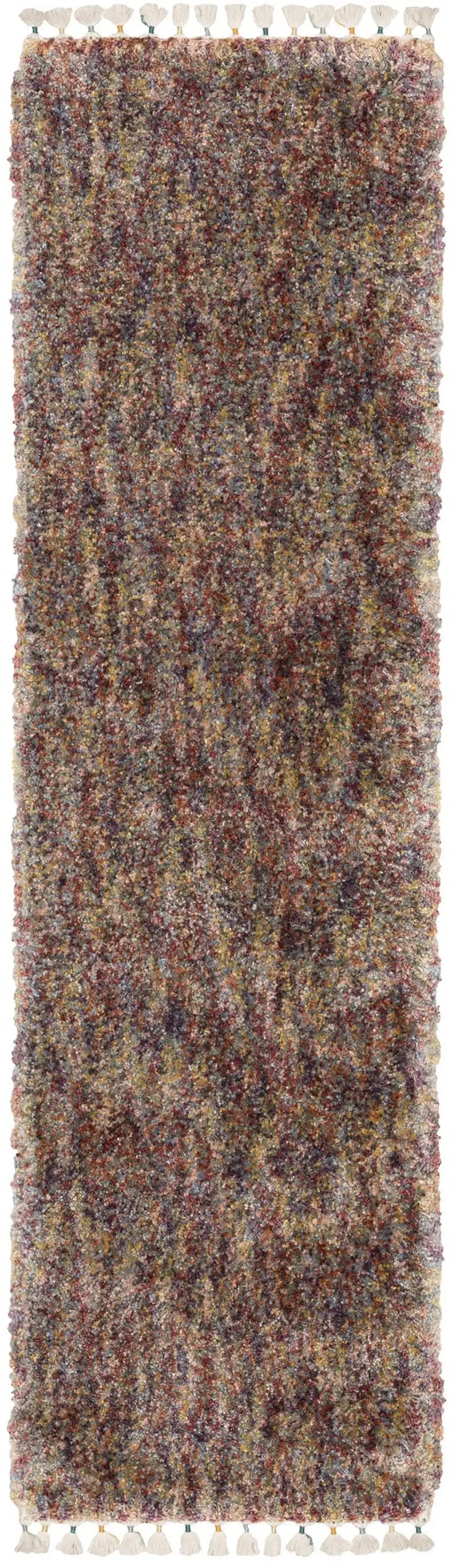 8' Red Orange And Yellow Abstract Shag Runner Rug With Fringe Photo 4