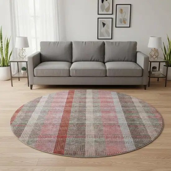 8' Red Pink And Gray Plaid Washable Round Rug With UV Protection Photo 2