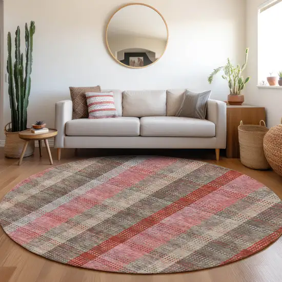 8' Red Pink And Gray Plaid Washable Round Rug With UV Protection Photo 4