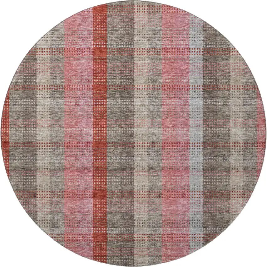 8' Red Pink And Gray Plaid Washable Round Rug With UV Protection Photo 3