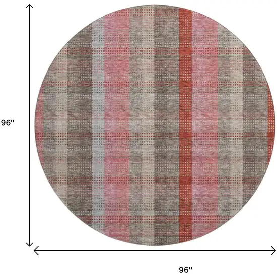 8' Red Pink And Gray Plaid Washable Round Rug With UV Protection Photo 9