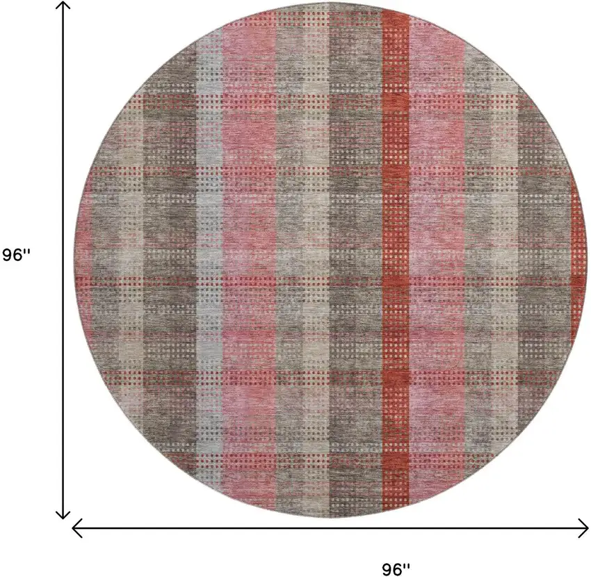 8' Red Pink And Gray Plaid Washable Round Rug With UV Protection Photo 9