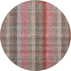 Photo of 8' Red Pink And Gray Plaid Washable Round Rug With UV Protection