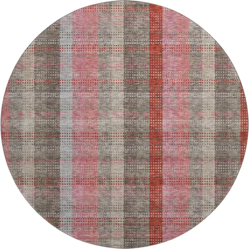 8' Red Pink And Gray Plaid Washable Round Rug With UV Protection Photo 1