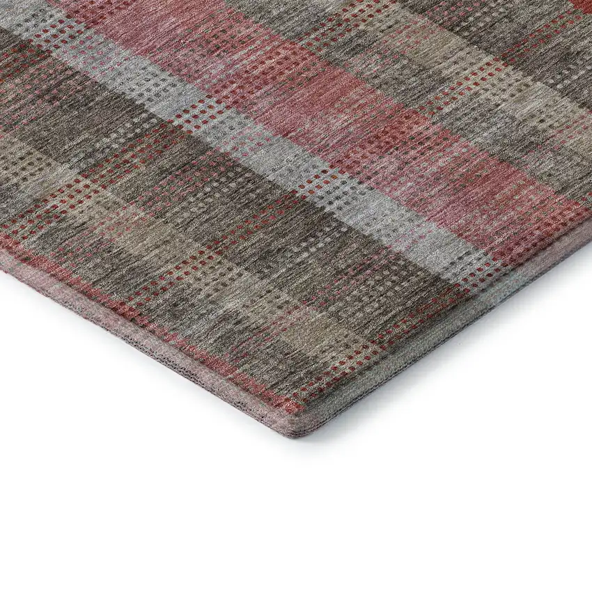 8' Red Pink And Gray Plaid Washable Round Rug With UV Protection Photo 6