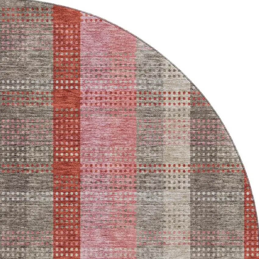 8' Red Pink And Gray Plaid Washable Round Rug With UV Protection Photo 2