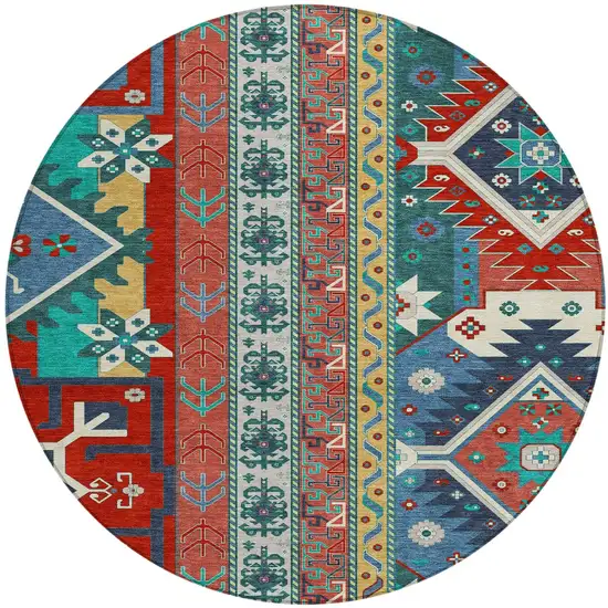 8' Red Pink And Teal Blue Round Aztec Washable Indoor Outdoor Area Rug Photo 6