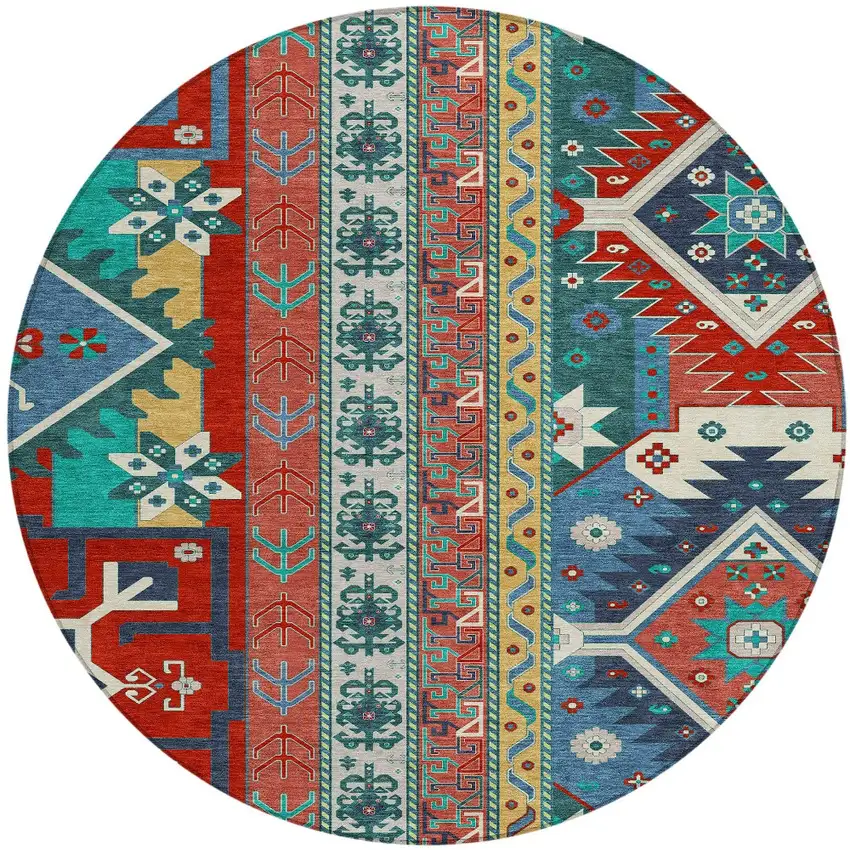 8' Red Pink And Teal Blue Round Aztec Washable Indoor Outdoor Area Rug Photo 6
