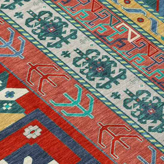 8' Red Pink And Teal Blue Round Aztec Washable Indoor Outdoor Area Rug Photo 5