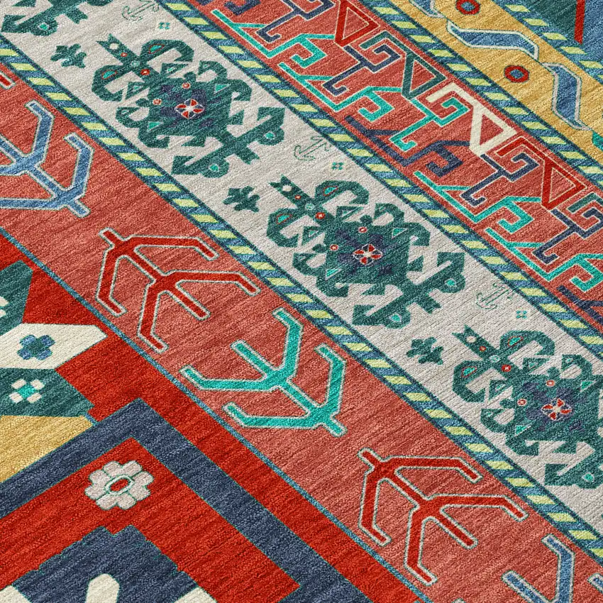 8' Red Pink And Teal Blue Round Aztec Washable Indoor Outdoor Area Rug Photo 5