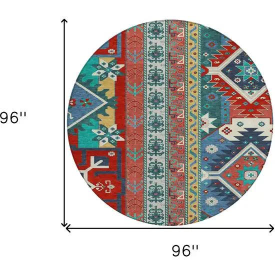 8' Red Pink And Teal Blue Round Aztec Washable Indoor Outdoor Area Rug Photo 3