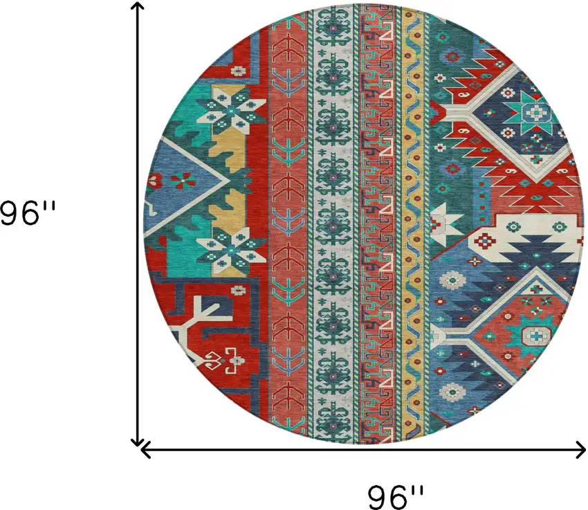 8' Red Pink And Teal Blue Round Aztec Washable Indoor Outdoor Area Rug Photo 3