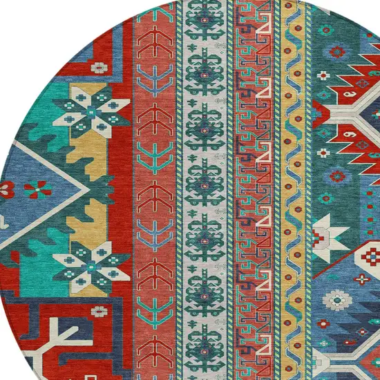8' Red Pink And Teal Blue Round Aztec Washable Indoor Outdoor Area Rug Photo 4
