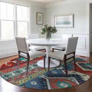Photo of 8' Red Pink And Teal Blue Round Aztec Washable Indoor Outdoor Area Rug