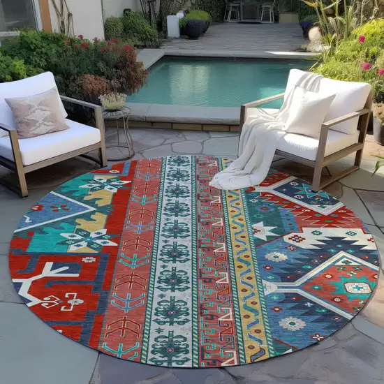 8' Red Pink And Teal Blue Round Aztec Washable Indoor Outdoor Area Rug Photo 7