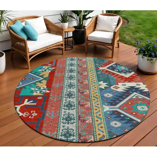 8' Red Pink And Teal Blue Round Aztec Washable Indoor Outdoor Area Rug Photo 1