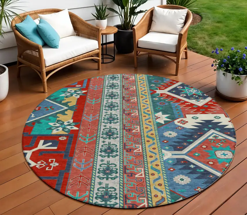 8' Red Pink And Teal Blue Round Aztec Washable Indoor Outdoor Area Rug Photo 1