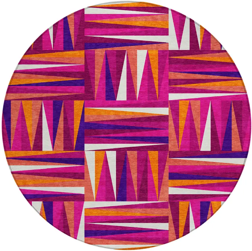 8' Red Purple And Copper Round Geometric Washable Indoor Outdoor Area Rug Photo 2