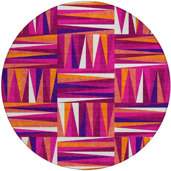 8' Red Purple And Copper Round Geometric Washable Indoor Outdoor Area Rug Photo 2